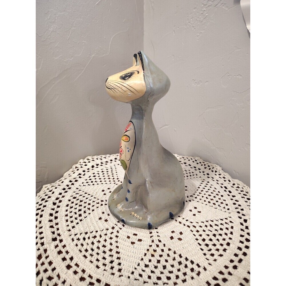 Handpainted Tall Cat Long Neck Folk Art Paper Mache Multicolor Home Decor 8" - Picture 6 of 13